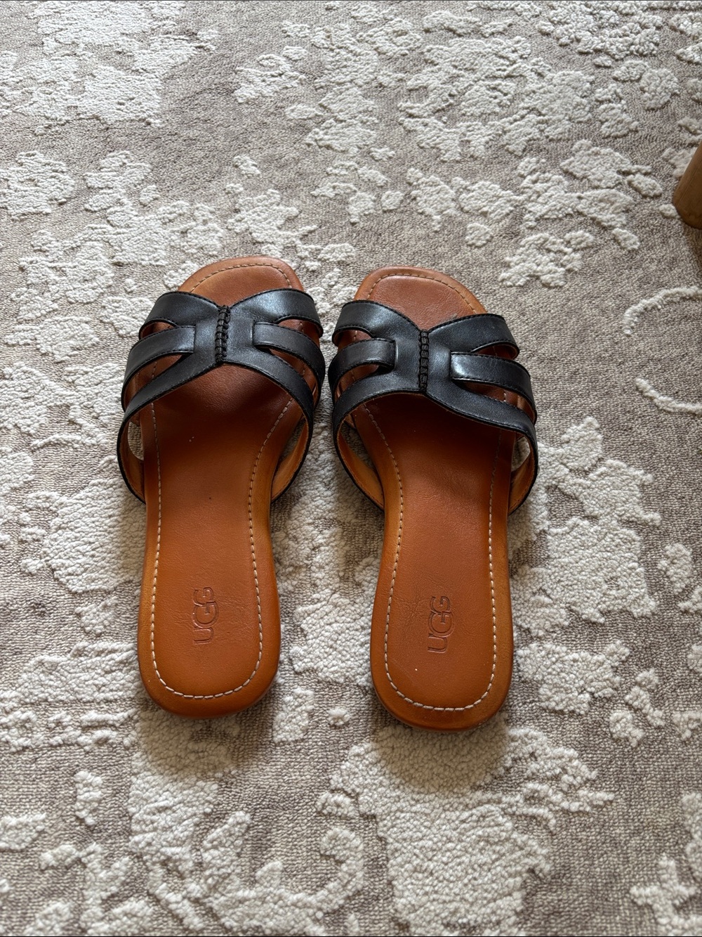 UGG Women's Black Leather Woven Slide Sandals with Brown Footbed